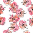 Hand drawn vector seamless pattern of hibiscus flowers. Sketch on watercolor background.