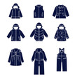 Icon set of types of winter clothes for children / There are winter jackets and clothes for skiing
