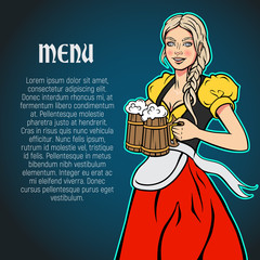 October fest waitress with beer mugs in hands. Vector bar menu background.