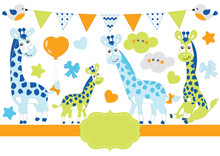 Vector Set For Baby Boy Shower. Baby Giraffe Vector Illustration. 