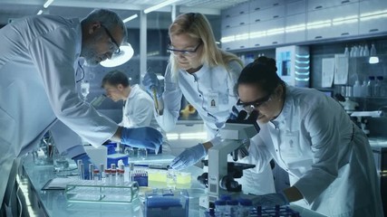 Wall Mural - Team of Medical Research Scientists Work on a New Generation Disease Cure. They use Microscope, Test Tubes, Micropipette and Writing Down Analysis Results. Laboratory Looks Busy, Bright and Modern. 