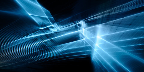 Poster - Abstract background element. Fractal graphics series. Three-dimensional composition of repeating grids and glitches. Blue and black colors.