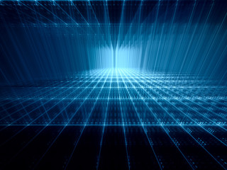 Poster - Abstract background. Fractal graphics series. Three-dimensional composition of textured grids. Blue and black colors.