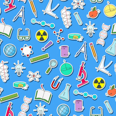 Wall Mural - Seamless pattern on the theme of science and inventions, diagrams, charts, and equipment, simple sticker icons on blue background