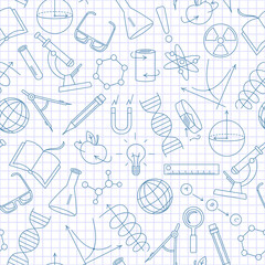 Wall Mural - Seamless pattern on the theme of science and inventions, diagrams, charts, and equipment,a simple contour icons, dark blue outline on a light background in a cage