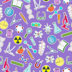 Wall Mural - Seamless pattern on the theme of science and inventions, diagrams, charts, and equipment, simple patch icons on purple background