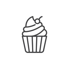 Cupcake With Cherry On Top Line Icon, Outline Vector Sign, Linear Style Pictogram Isolated On White. Desert Symbol, Logo Illustration. Editable Stroke. Pixel Perfect Vector Graphics