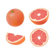 Set of isolated colored pink grapefruits, half, slice, circle and whole juicy fruit on white background. Realistic citrus collection.