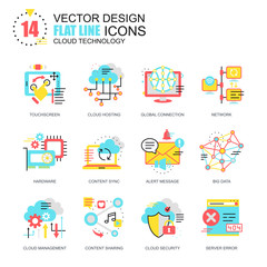 Poster - Flat line cloud technology icons concepts set for website and mobile site and apps. Computing network, cloud platform services. New style flat simple pictogram pack. Vector illustration.