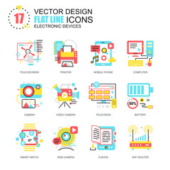 Poster - Flat line personal computer devices icons concepts set for website and mobile site and apps. Consumer electronics technology. New style flat simple pictogram pack. Vector illustration.