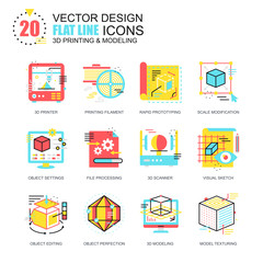 Aufkleber - Flat line 3D printing and modeling icons concepts set for website and mobile site and apps. Volumetric object scanning, scaling technology. New style flat simple pictogram pack. Vector illustration.