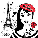 Fototapeta Paryż - Beautiful girl in beret with symbol France-Eiffel tower. Fashion young woman and French capital Paris. Vector sketch illustration.