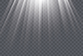 white sun rays and glow light effect on transparent background. vector illustration.