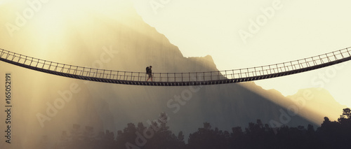 Fotomural Man with backpack on a rope bridge