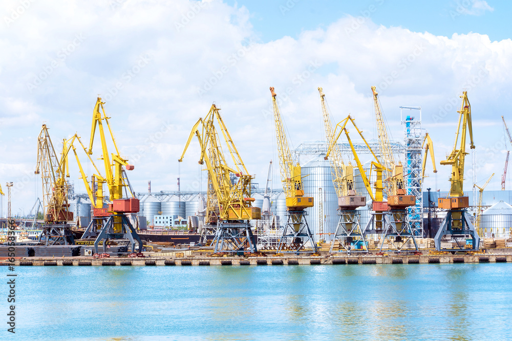 Cargo container terminal of sea freight industrial port. Port cargo ...
