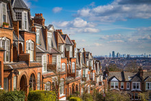London, England - Typical Brick Houses And Flats And Panoramic View Of London On A Nice Summer Morning With Blue Sky And Clouds Taken From Muswell Hill