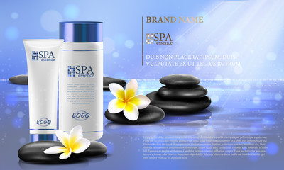 Vector spa cosmetics advertising brochure template with white tubes, plumeria flowers, stones on blue water background. Can be use for product promotion and advertising, brochures and print materials