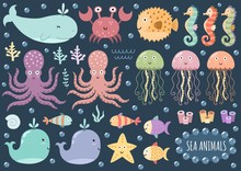 Vector Set Of Cute Sea Animals. Underwater Isolated Elements. Great For Baby Shower And Kids Design. Whale, Octopus, Crab, Jellyfish, Globefish, Seahorse And Others