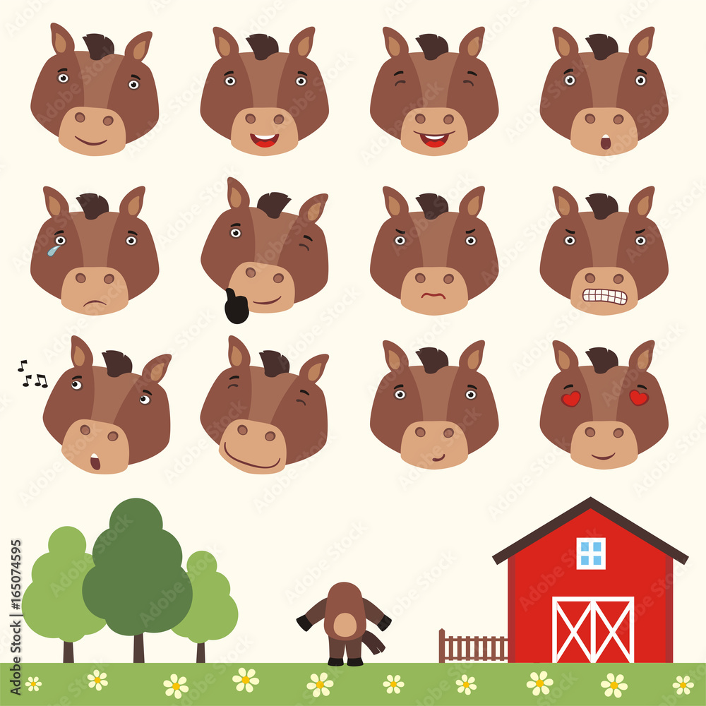 Emoticons set face of horse in cartoon style. Collection isolated heads ...
