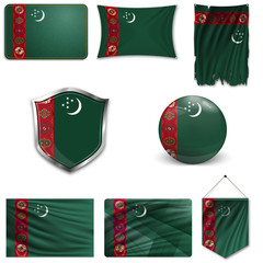 Sticker - Set of the national flag of Turkmenistan in different designs on a white background. Realistic vector illustration.