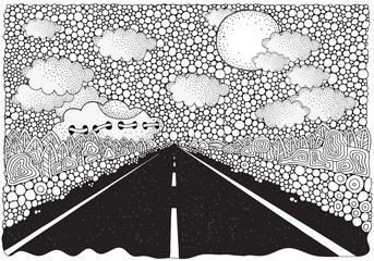 Sticker - Long car highway stretching into the distance. Doodle landscape. Anti stress Coloring Book page for adult. Black and White vector illustration.