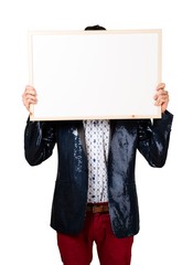 Man with jacket holding an empty placard