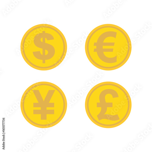 Currency Exchange Icons Set Dollar Euro Yen Pound Currency Exchange Icons Set Dollar Euro Yen Pound Golden Coins Modern Round Color Worldwide Flat Style Icon