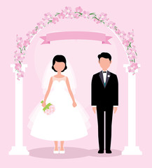 Poster - The bride and groom in full length stand under the wedding floral arch vector illustration in a flat style