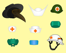 Doctor's Hats Vector Set Of Different Old Modern Caps Plague Colored Illustration Sketch