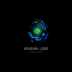 Aufkleber - Futuristic reactor abstract colorful vector logo template. Innovative technologies digital design effect logotype on black background