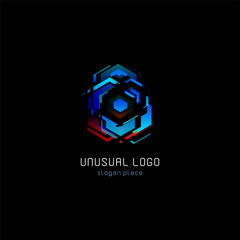 Aufkleber - Futuristic reactor abstract colorful vector logo template. Innovative technologies digital design effect logotype on black background