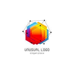 Aufkleber - Bright colorful abstract poly construction logotype, unusual innovate design logo template, isolated polygon shape, spiderweb from black lines with dots on corners, illustration on white background