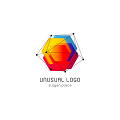 Poster - Bright colorful abstract poly construction logotype, unusual innovate design logo template, isolated polygon shape, spiderweb from black lines with dots on corners, illustration on white background