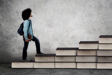 Wall Mural - African student climbs stair shaped books