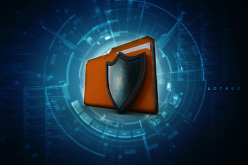 Poster - laptop folder with shield. Isolated 3d rendering image