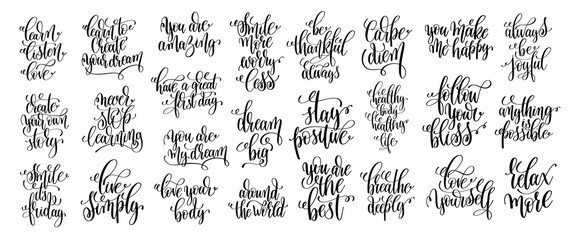 set of 25 hand lettering positive phrases, black and white inspi