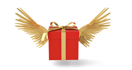 Gift box with gold wings flying box.3D illustration.