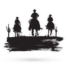 Silhouette Of Three Cowboys Riding Horses, Vector Illustration