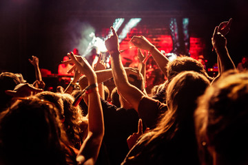 crowd with raised hands at concert - summer music festival