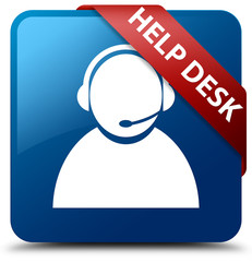 Help desk (customer care icon) blue square button red ribbon in corner