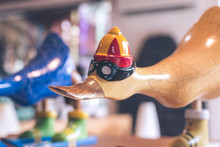 Hancrafted And Hand Painted Funny Wooden Duck In Souvenir Shop On A Tropical Island Of Bali, Indonesia.