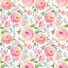 Watercolor Floral Pattern And Seamless Background.  Hand Painted. Gentle Design For Fabric, Wrap Paper Or Wallpaper. Raster Illustration.