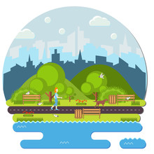 Woman Jogging  In City Park With Her Dog. Vector Flat Illustration.