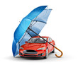 Car insurance and safety assurance concept, modern red automobile under blue umbrella, isolated on white background