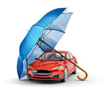 Fototapeta Do przedpokoju - Car insurance and safety assurance concept, modern red automobile under blue umbrella, isolated on white background