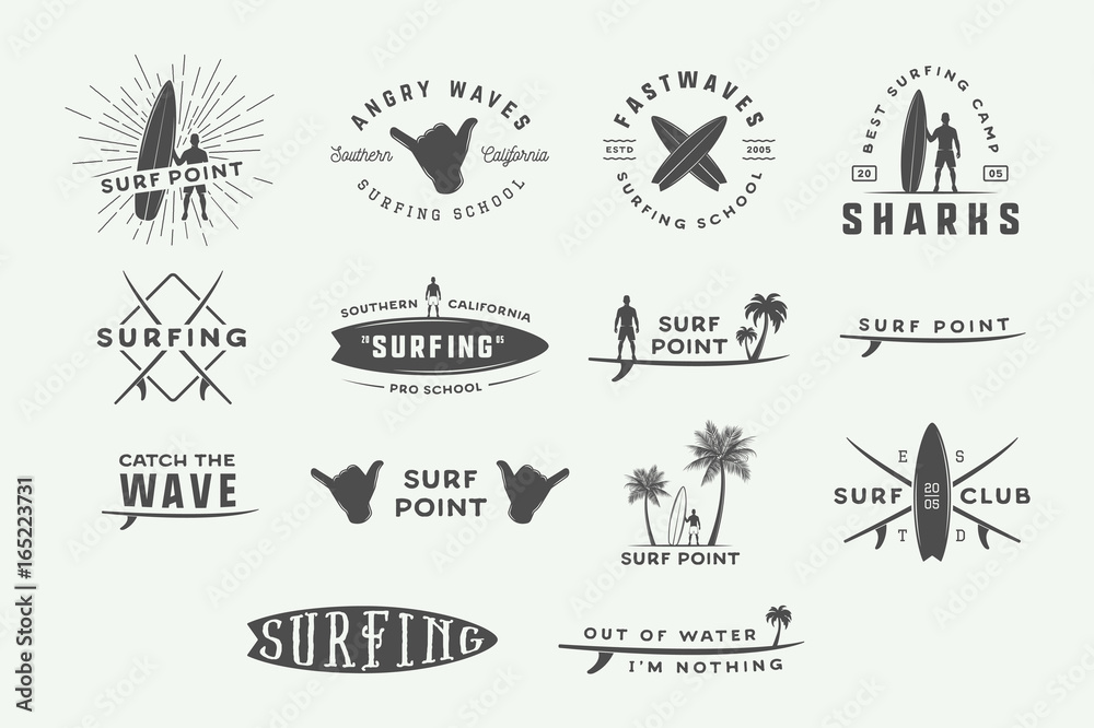 Set of vintage surfing logos, emblems, badges, labels and design elements. Graphic vector Illustration - obrazy, fototapety, plakaty 