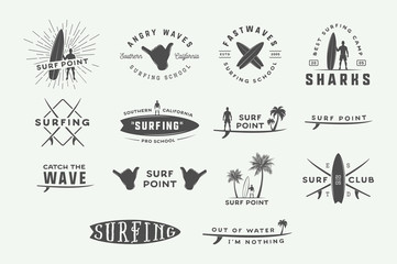 set of vintage surfing logos, emblems, badges, labels and design elements. graphic vector illustrati