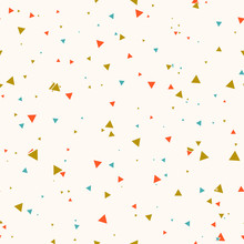 Abstract Seamless Pattern With Colorful Blue, Gold, Orange Chaotic Small Triangles On Beige Background. Infinity Geometric Card. Vector Illustration.