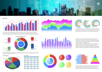 Poster - business document template. header graphic of cityscape and various dummy graphs.