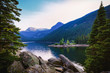 Serene Mountain Lake. Rocky Mountains Scenic Background. Beautiful Copy Space.